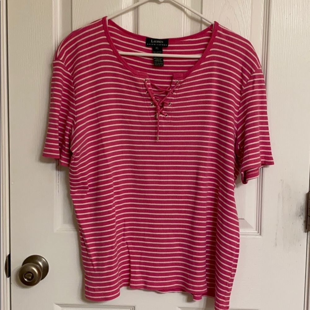 Lauren Ralph Lauren Dark Pink White Striped Short Sleeve Cotton Top Size XL